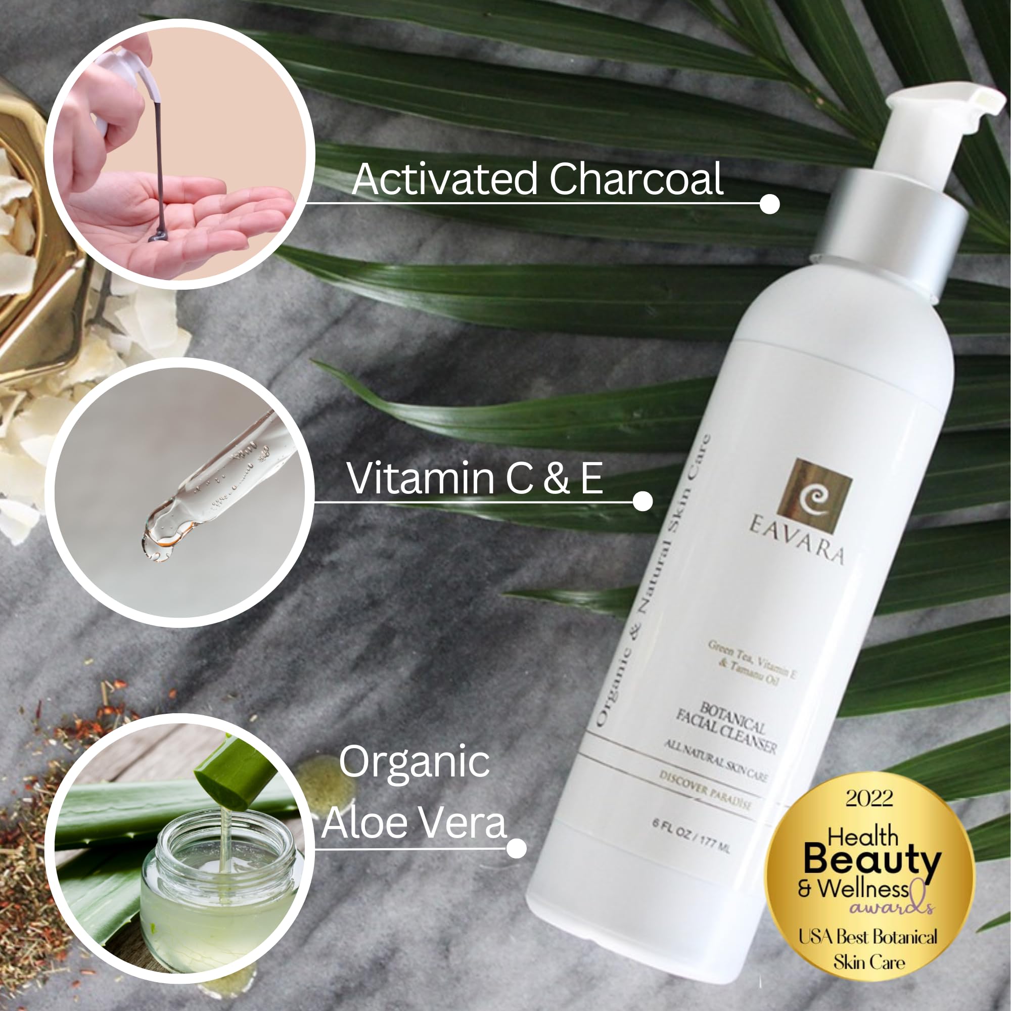 Eavara Organic Face Wash with vitamin C and E for antioxidant support and brightness.