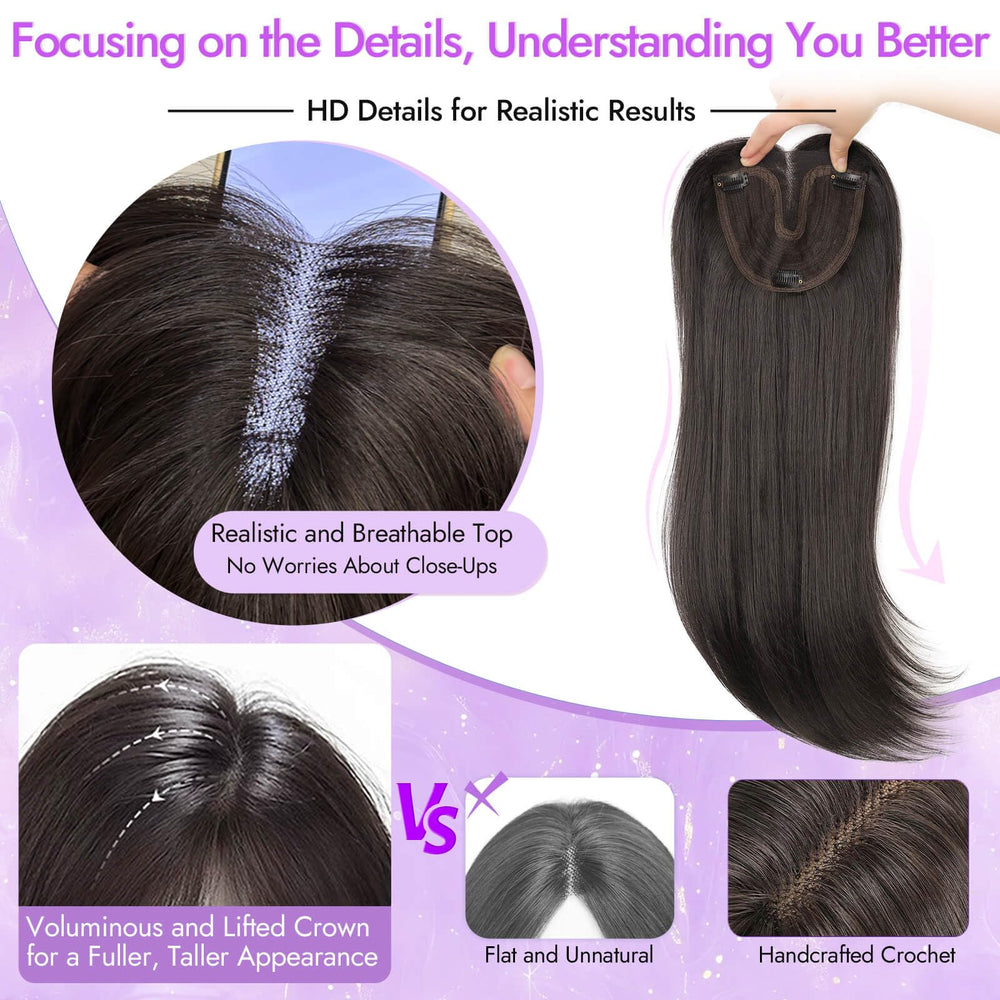 Eawwii soft black topper clip-in clips demonstrate secure, glue-free wear.