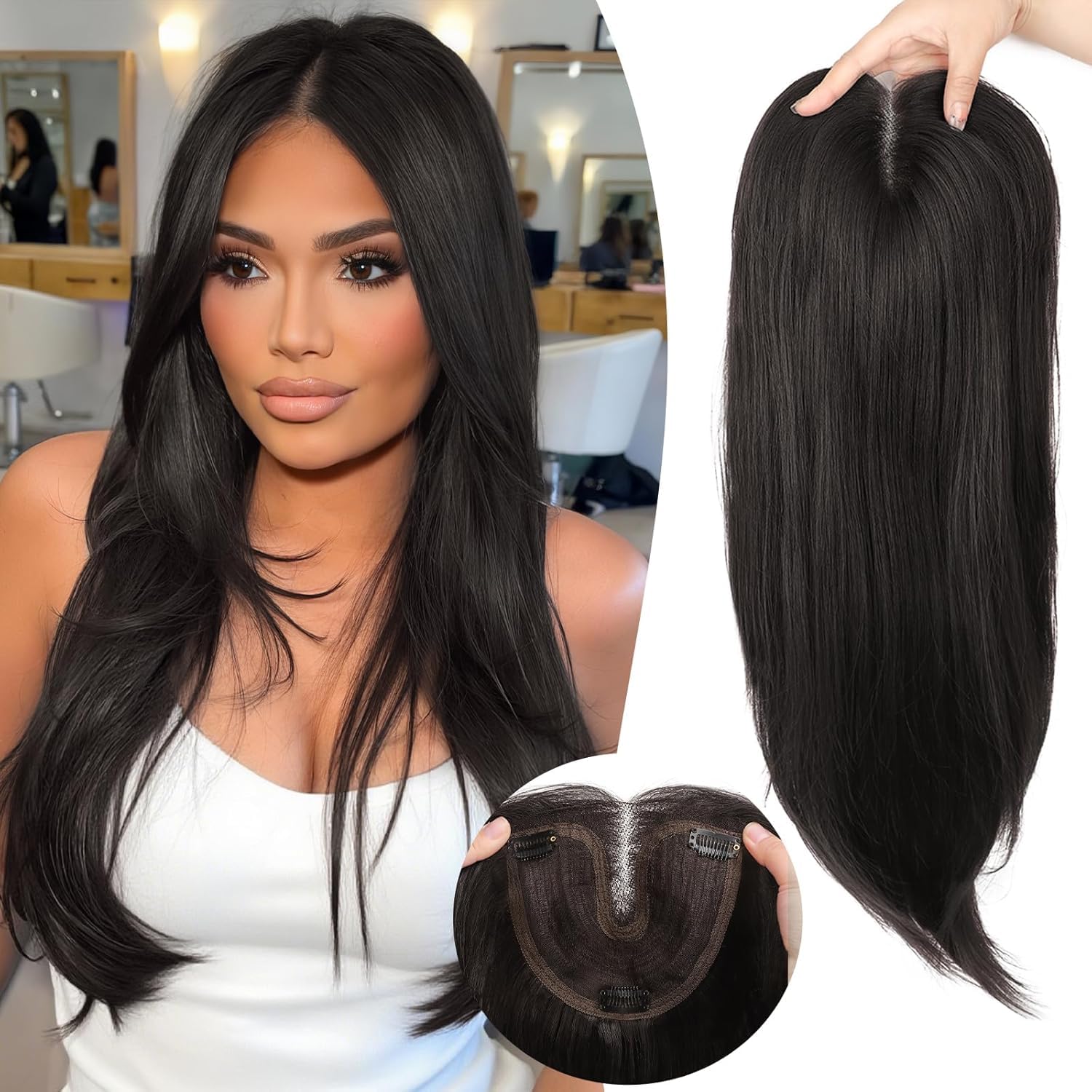Eawwii soft black topper front view provides instant fullness and seamless blending.