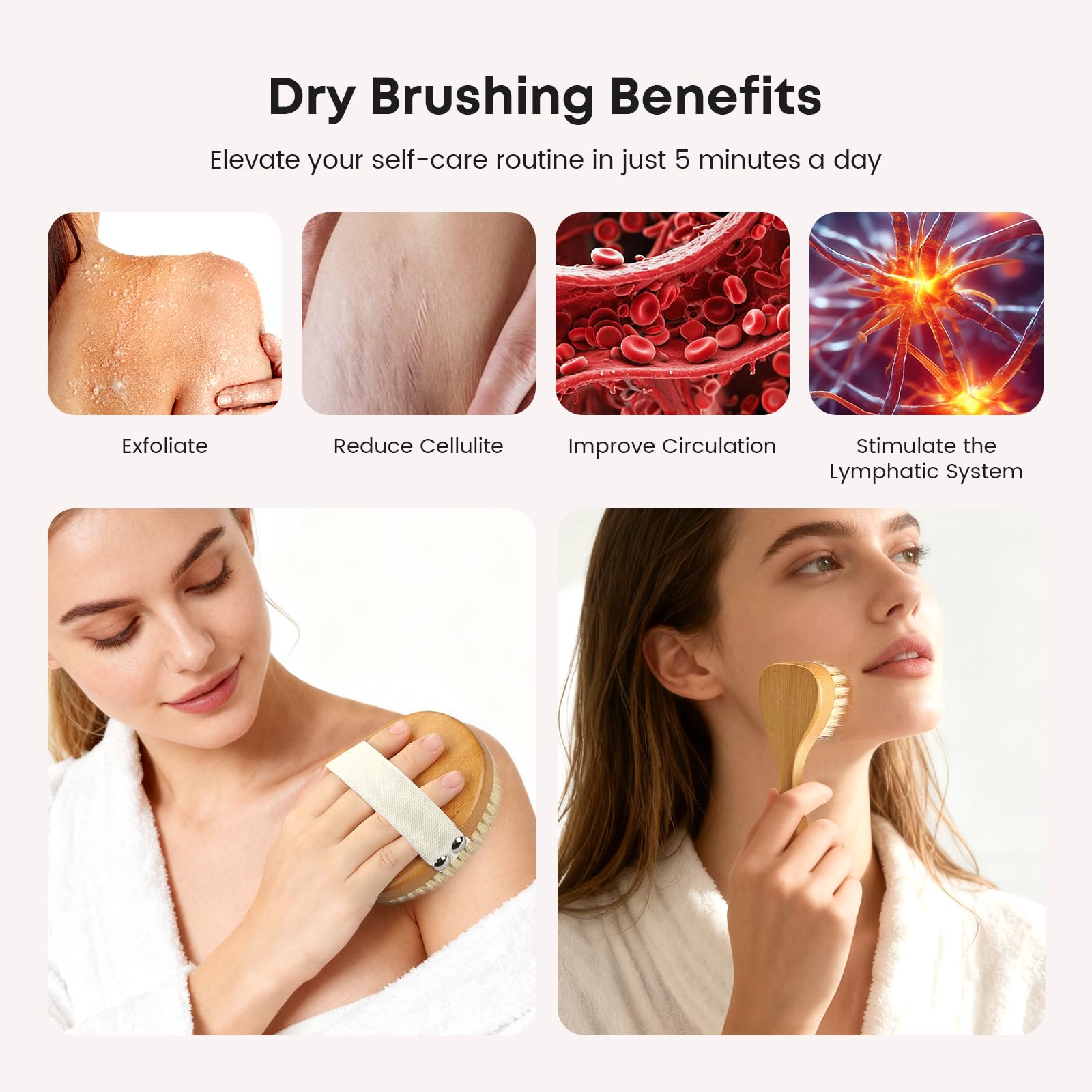 eaxun Bamboo Dry Brushing Body Brush with elastic strap for easy reach
