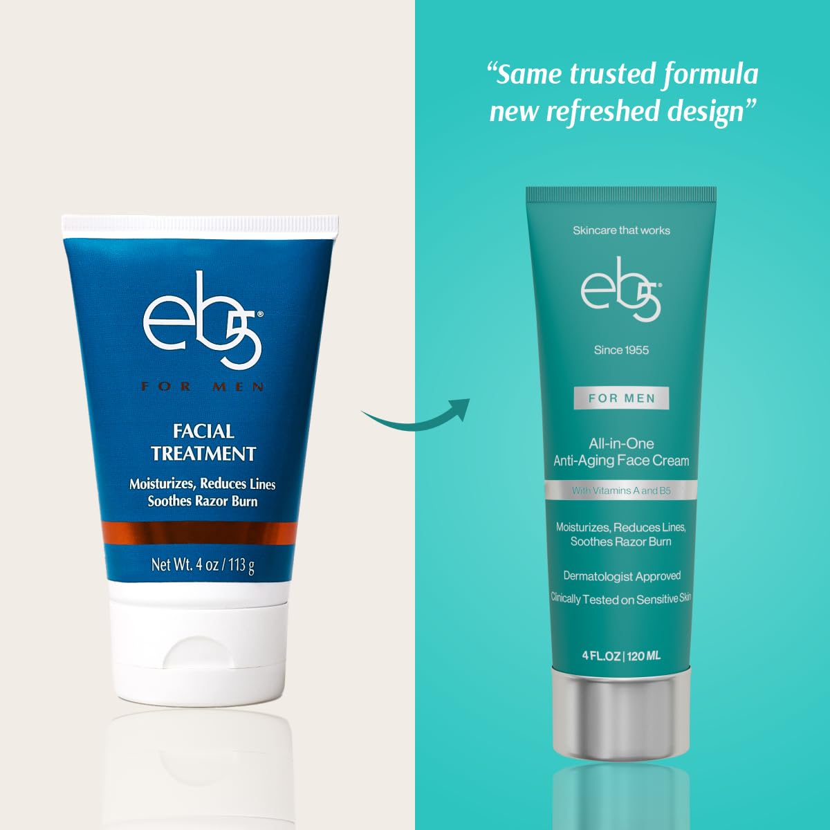 eb5 Men's Face Cream tube back view with ingredients and usage guidance