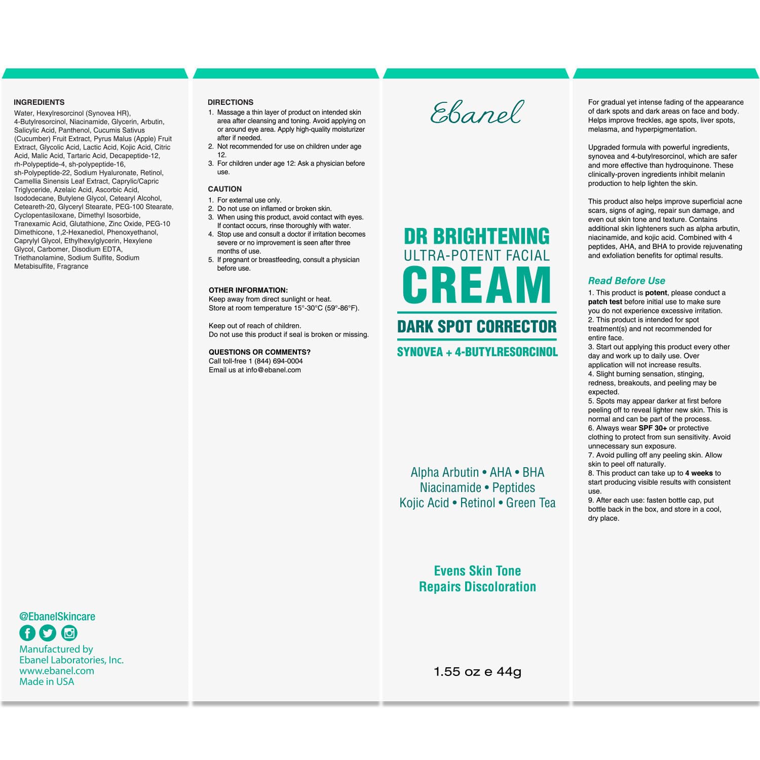 Ebanel alpha arbutin niacinamide formula box emphasizes radiant skin