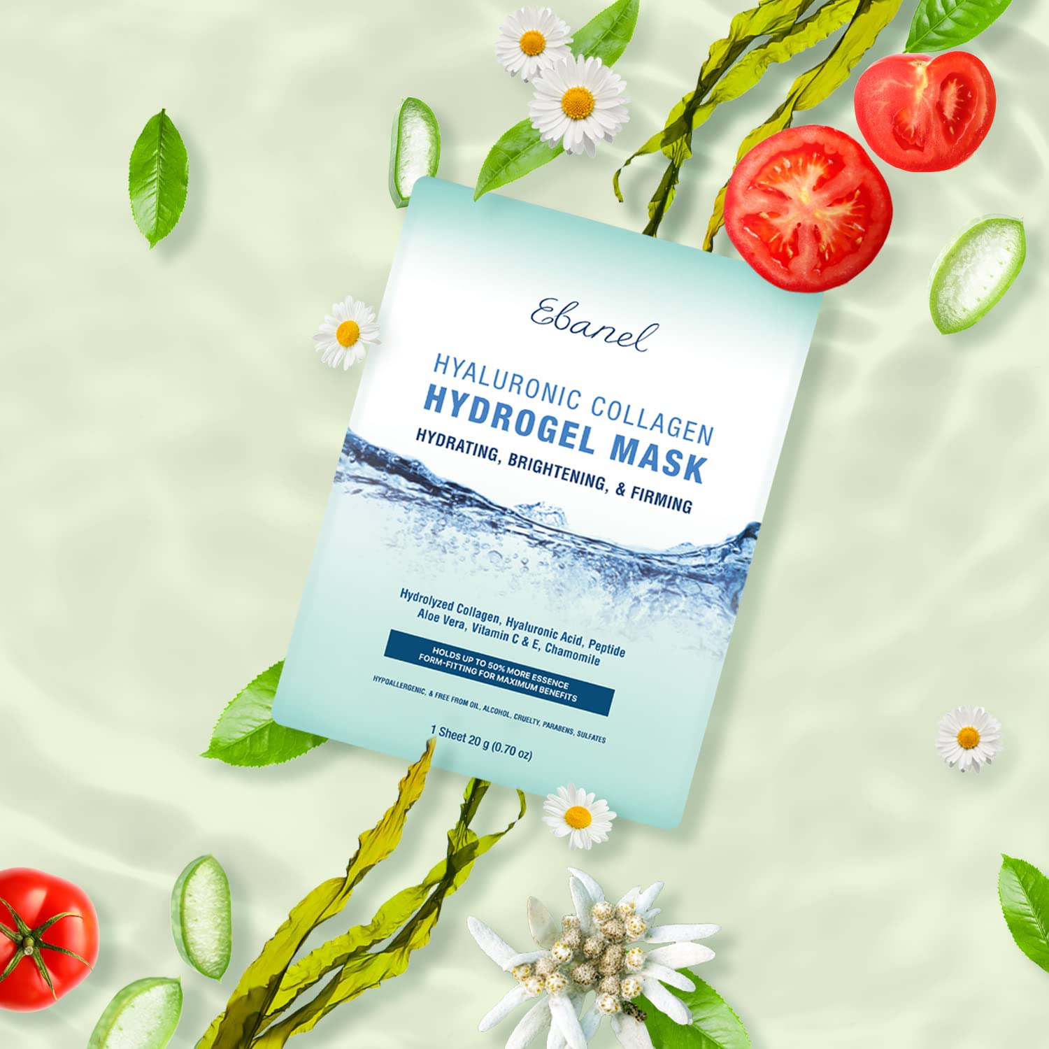 Ebanel hydrogel collagen mask texture closeup, smooth gel matrix.