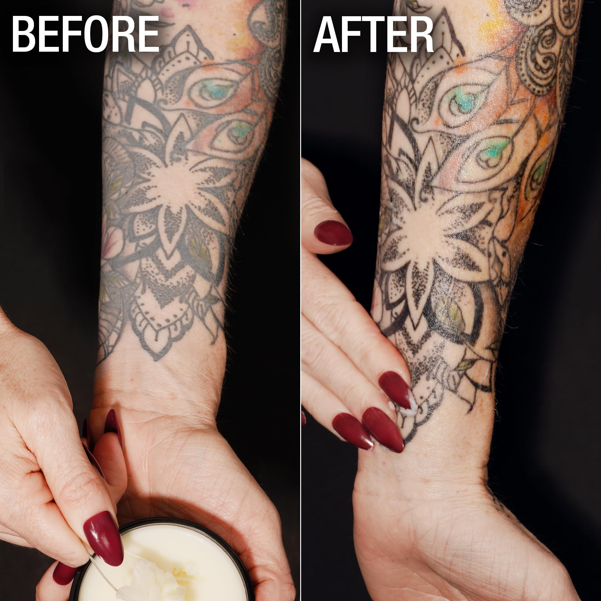 Applying Ebanel Tattoo Balm to skin demonstrates smooth glide and coverage