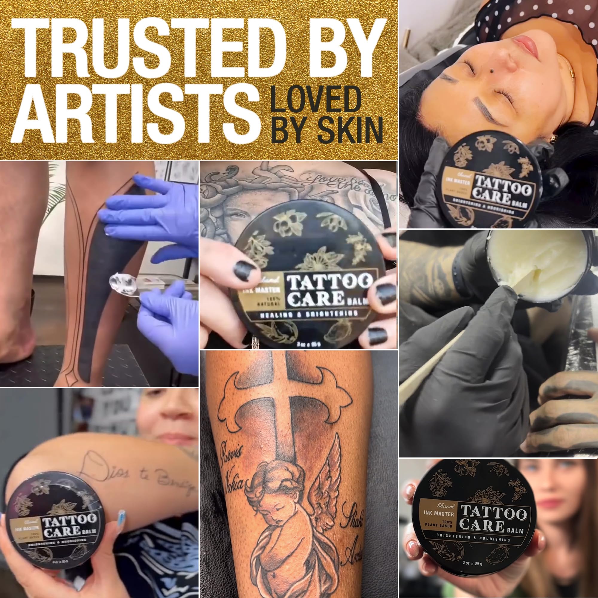 Open jar of Ebanel Tattoo Balm highlights mango and shea butter richness