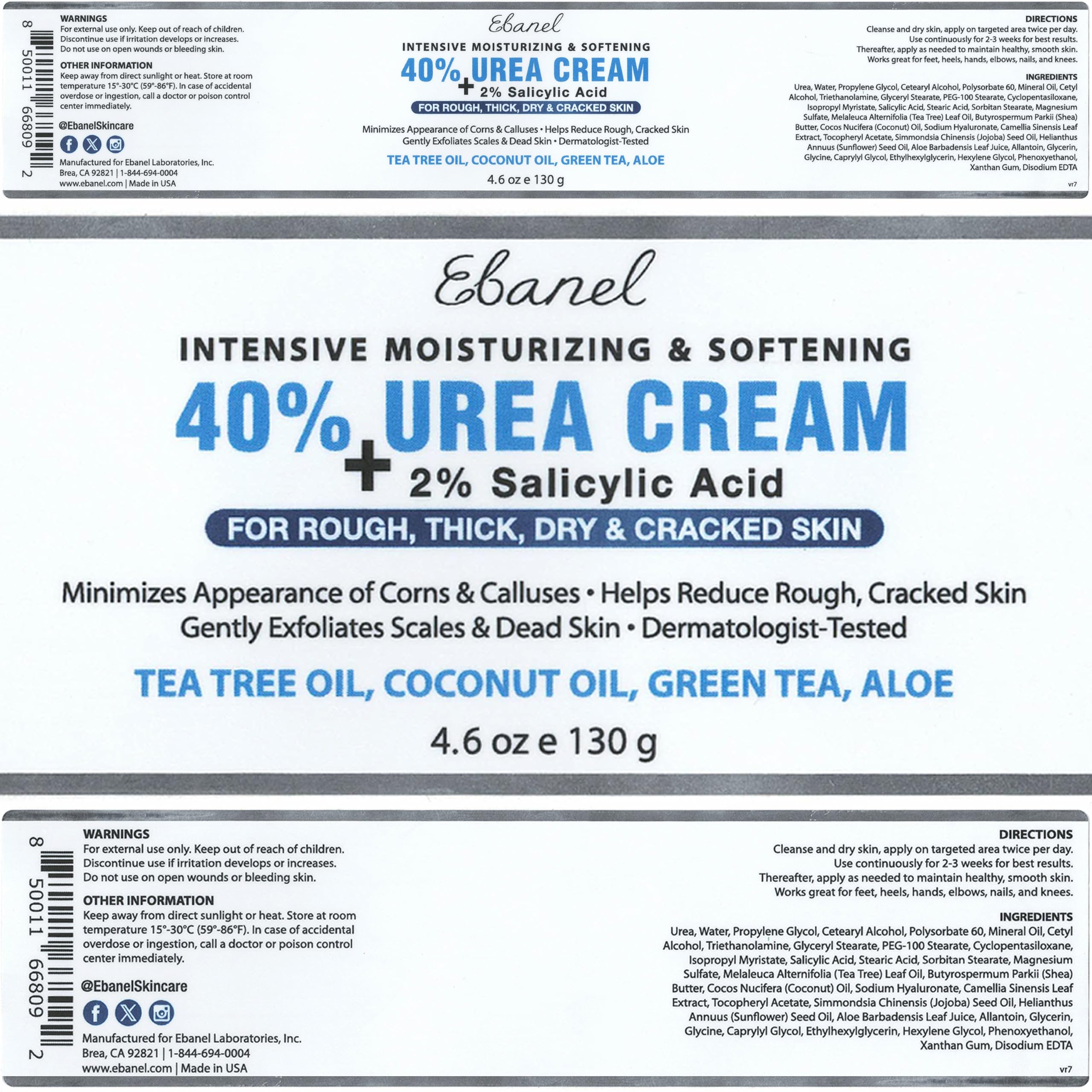 Made-in-USA label for Ebanel Urea Cream 40% in a clinical setting.