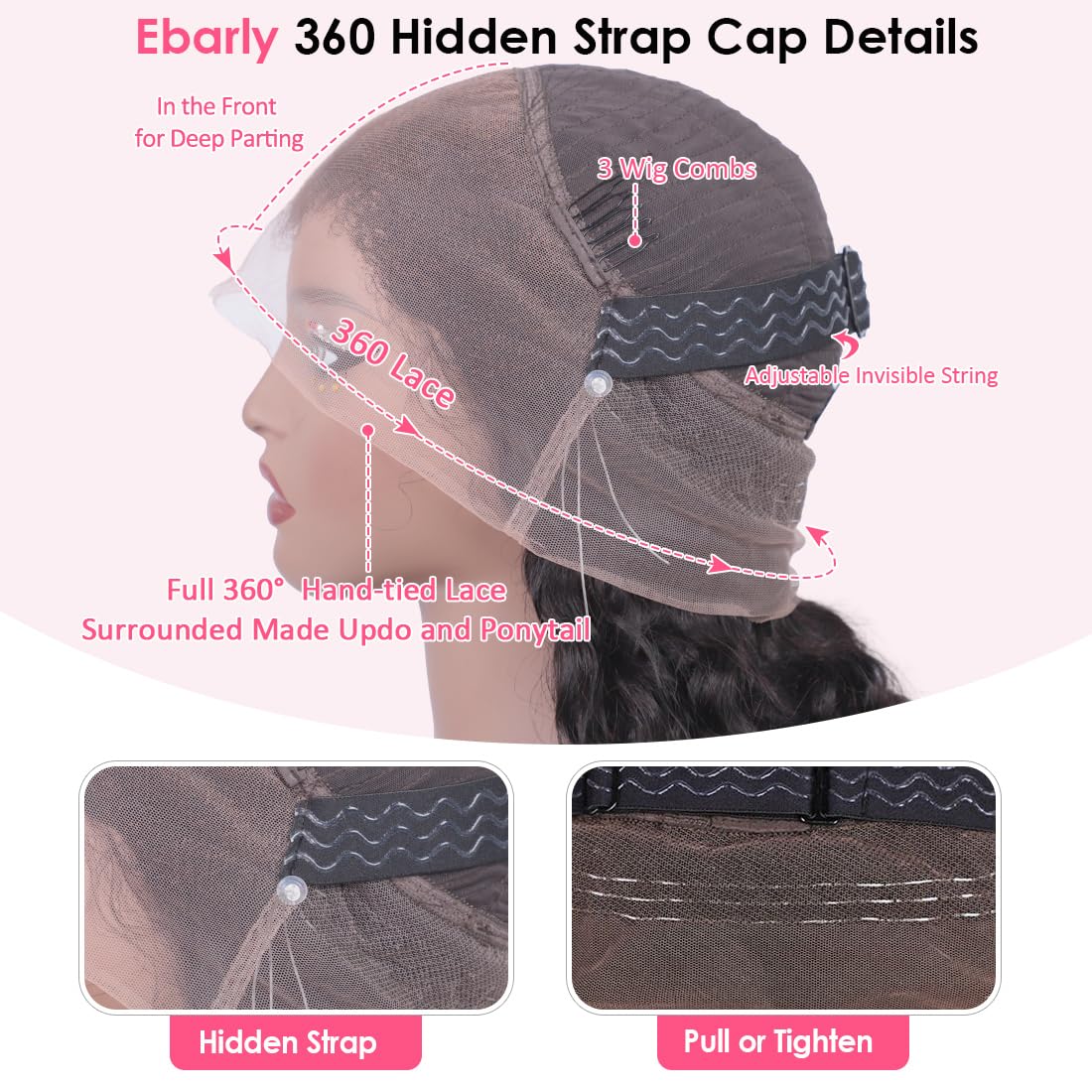 Ebarly drawstring glueless 360 wig for secure, quick installation