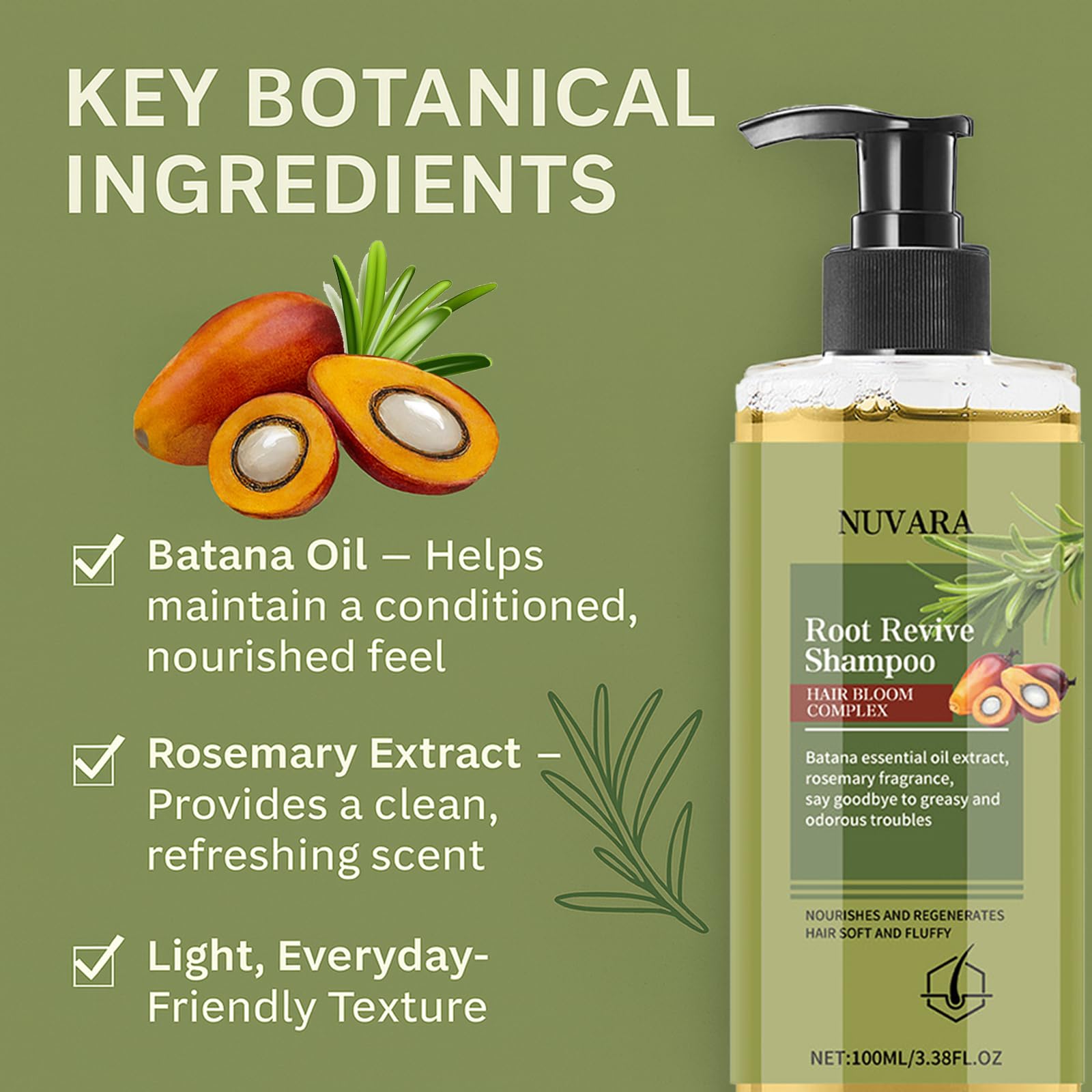 EBEHDOQ Nuvara shampoo ingredients close-up highlights caffeine and batana oil benefits.
