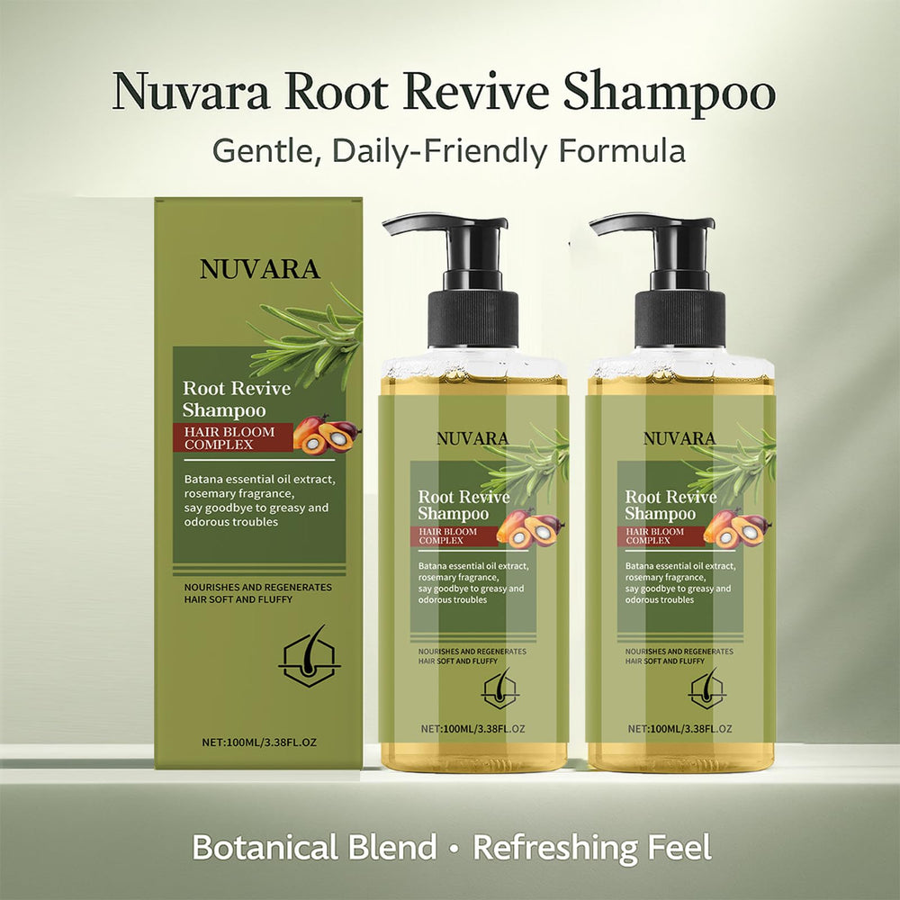 EBEHDOQ Nuvara Root Revival shampoo scalp-massage scene implies soothing, stimulating circulation.