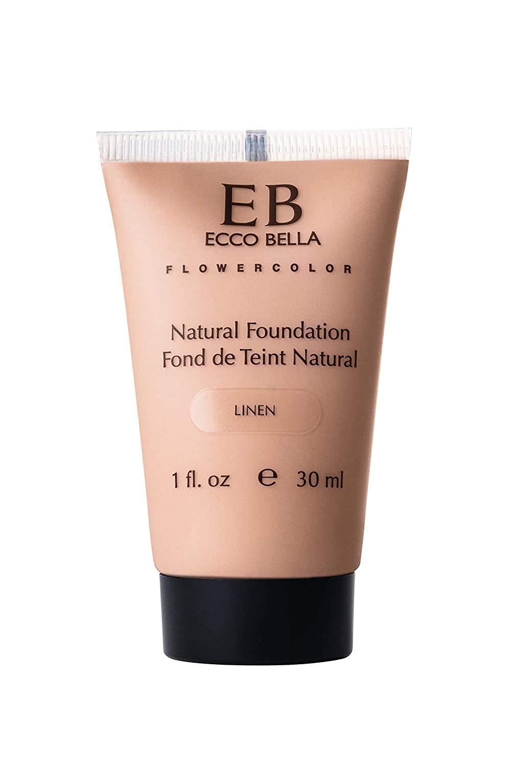 Ecco Bella Liquid Foundation bottle closeup highlighting vegan, clean formula for sensitive skin.
