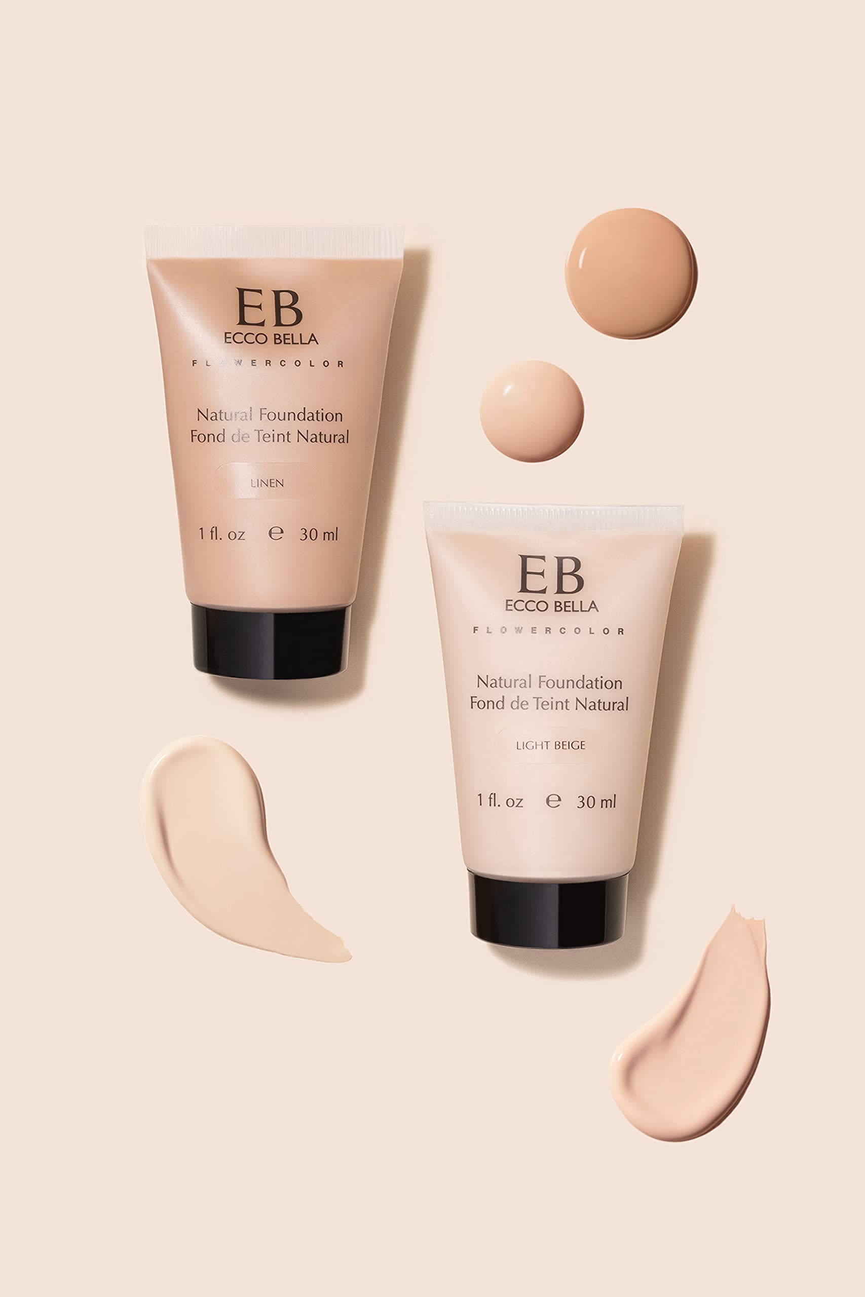 Packaging highlights vegan, cruelty-free, and clean formula of Ecco Bella foundation.