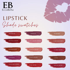 Ecco Bella Rosewood lipstick on lip demonstrates long wear without smudging.