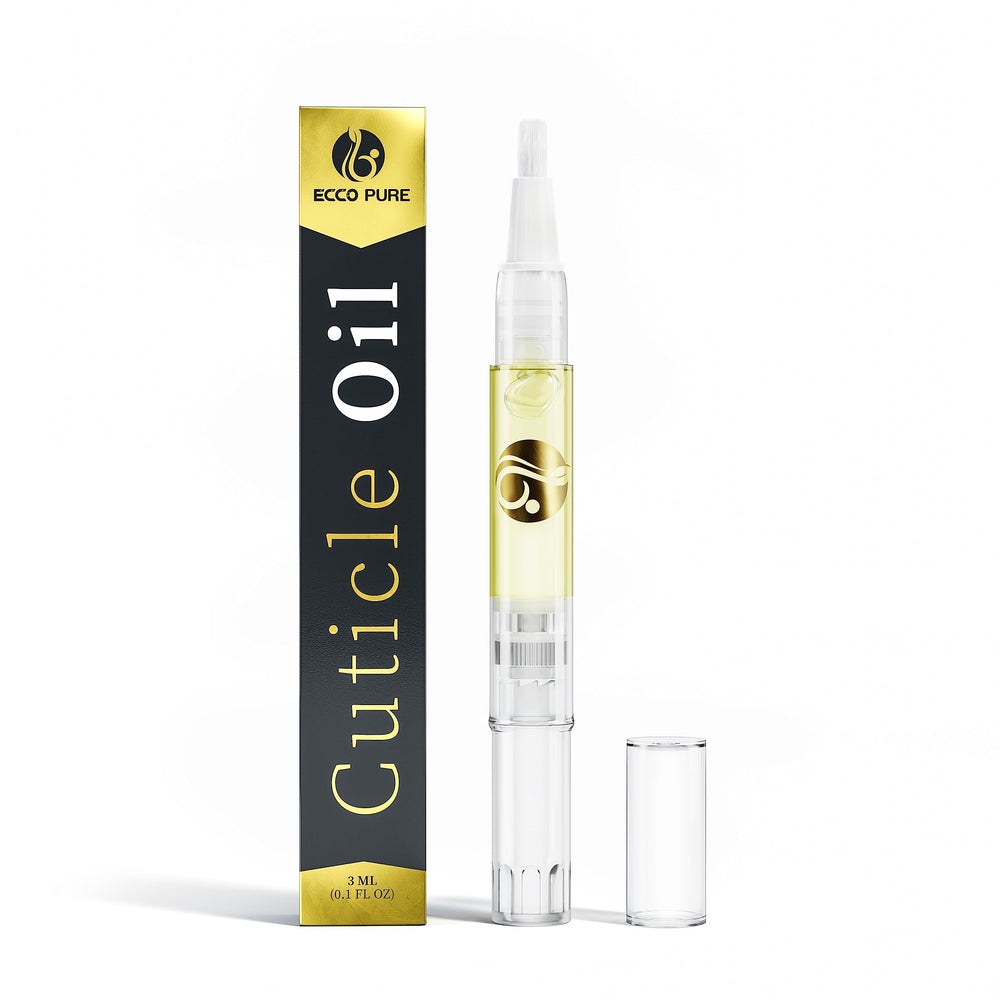 ECCO PURE Cuticle Oil Pen bottle close-up showing nourished nails.