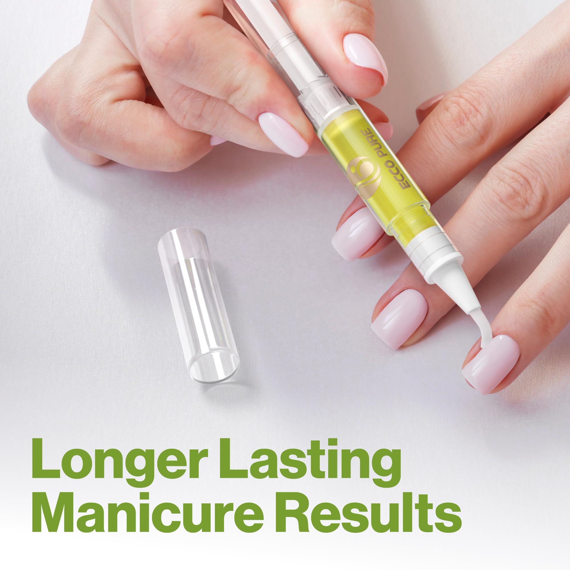 ECCO PURE Cuticle Oil Pen bottle with droplets showing moisturizing formula.
