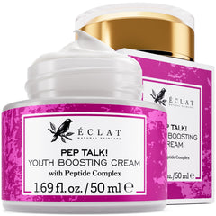 Eclat Skincare anti aging cream bottle with pump showing smooth skin benefits