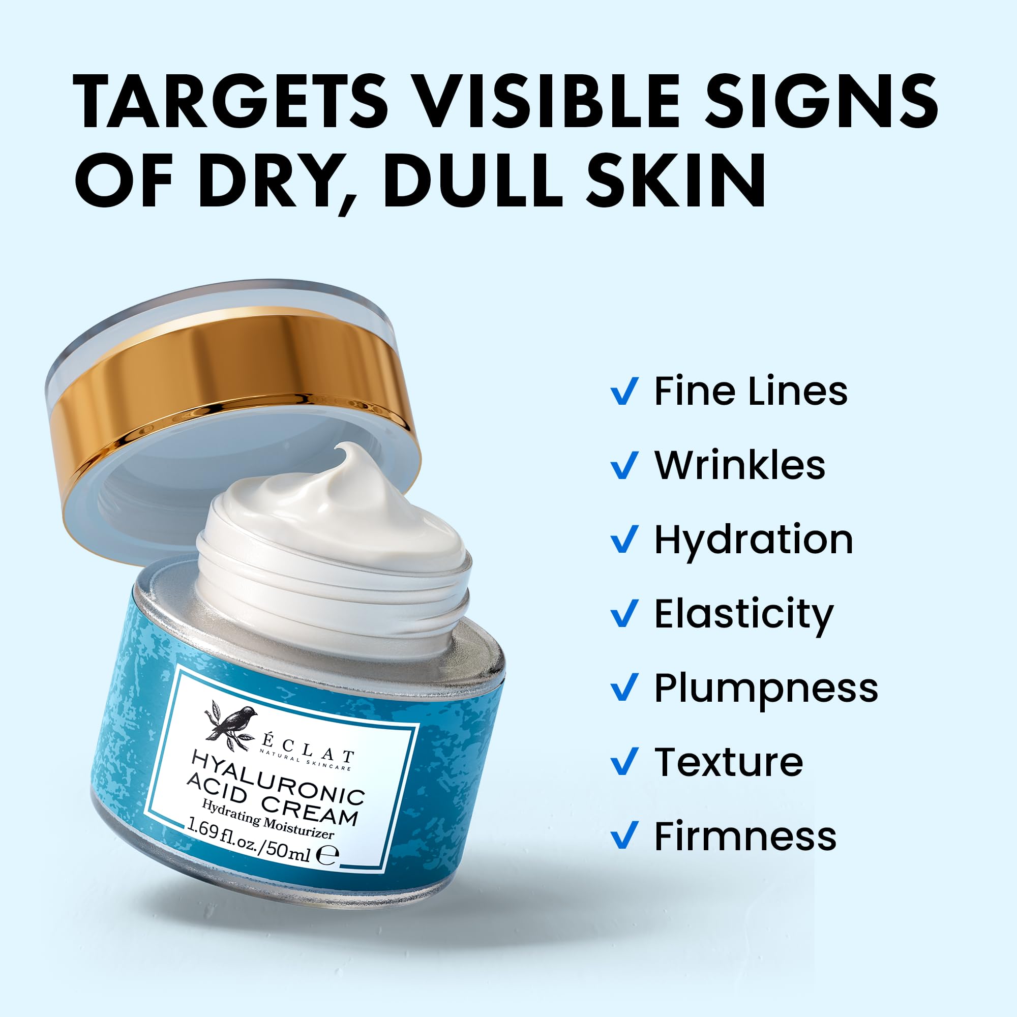 Eclat Skincare Hyaluronic Acid Cream with apricot kernel oil nourishes skin