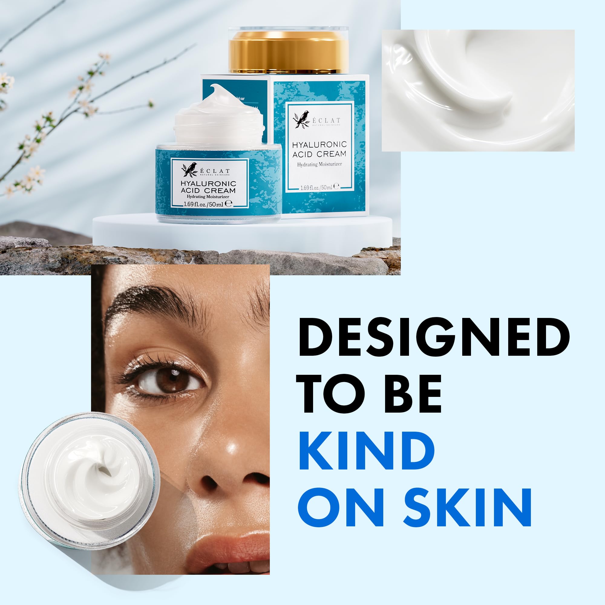 Eclat Skincare Hyaluronic Acid Cream bottle highlights vegan, cruelty-free formula