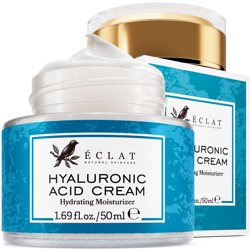 Eclat Skincare Hyaluronic Acid Cream jar showing rich hydration for daily moisture