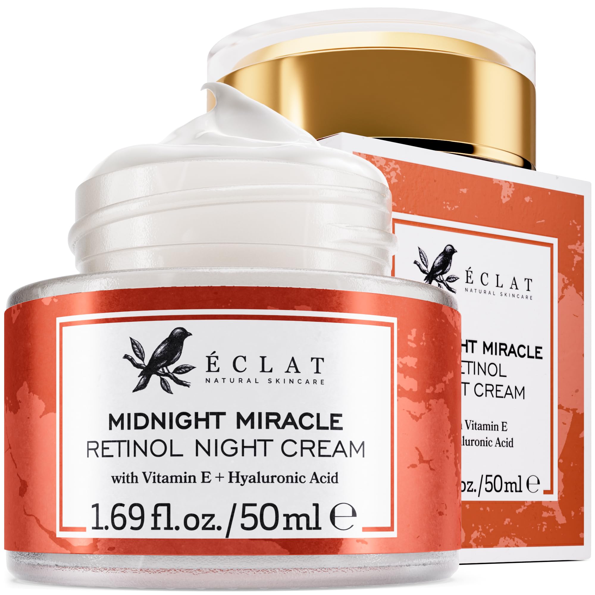 Eclat Skincare Retinol Night Cream jar showcases deep overnight nourishment.