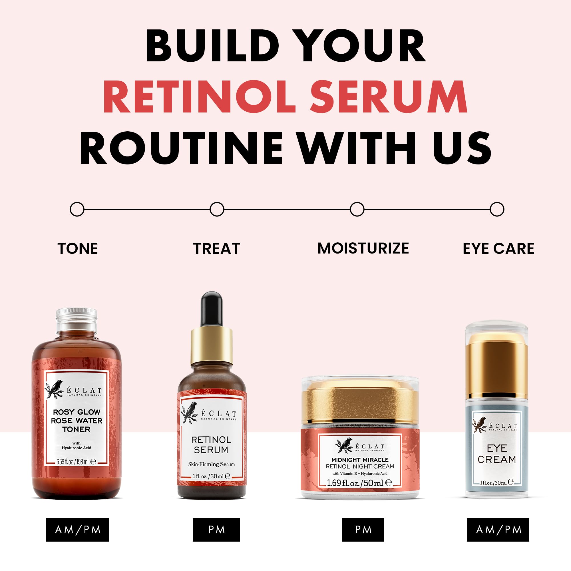 Eclat Skincare Renewing Retinol Serum bottle photographed beside skincare routine on vanity.