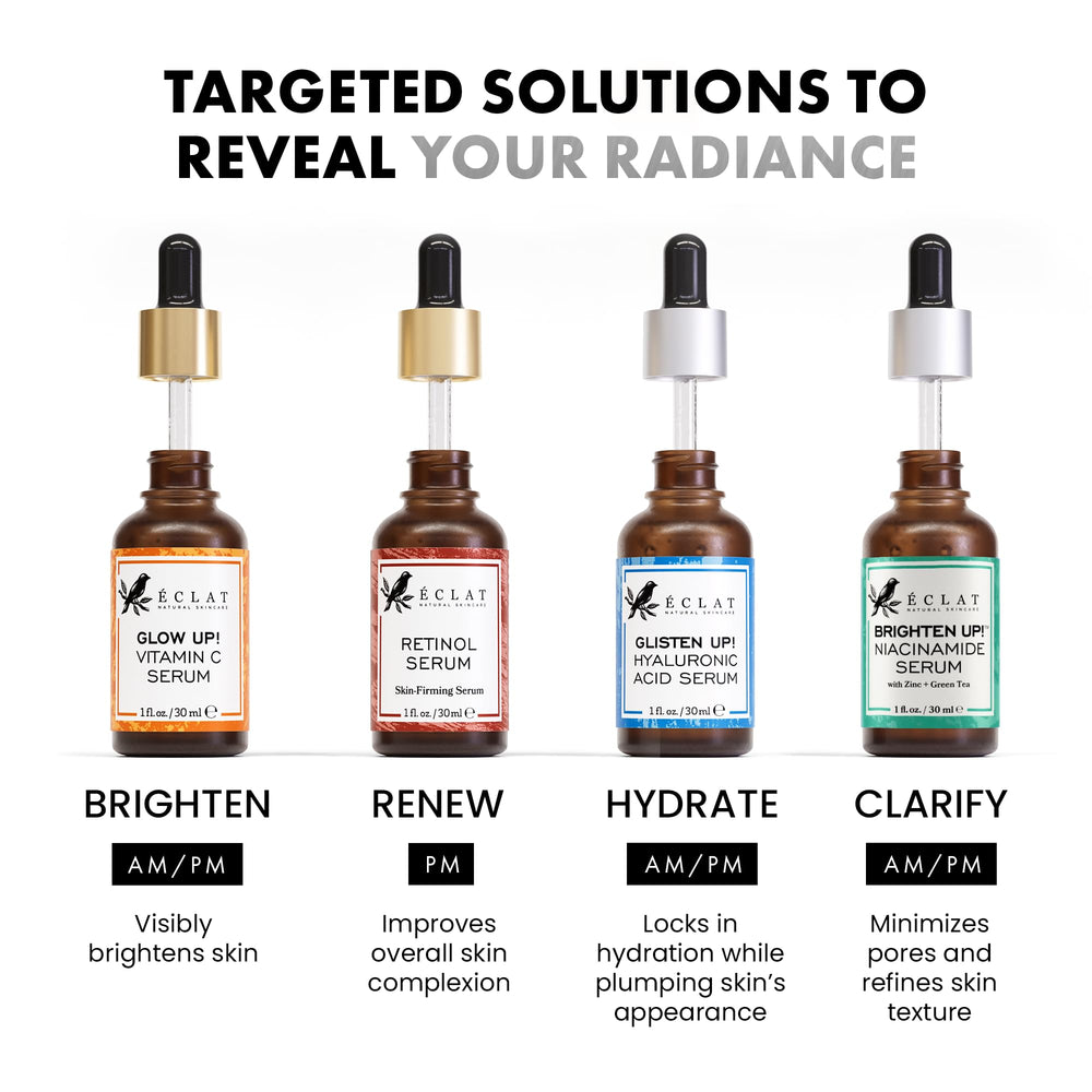 Eclat Skincare Renewing Retinol Serum ingredients like aloe and green tea for calming care.
