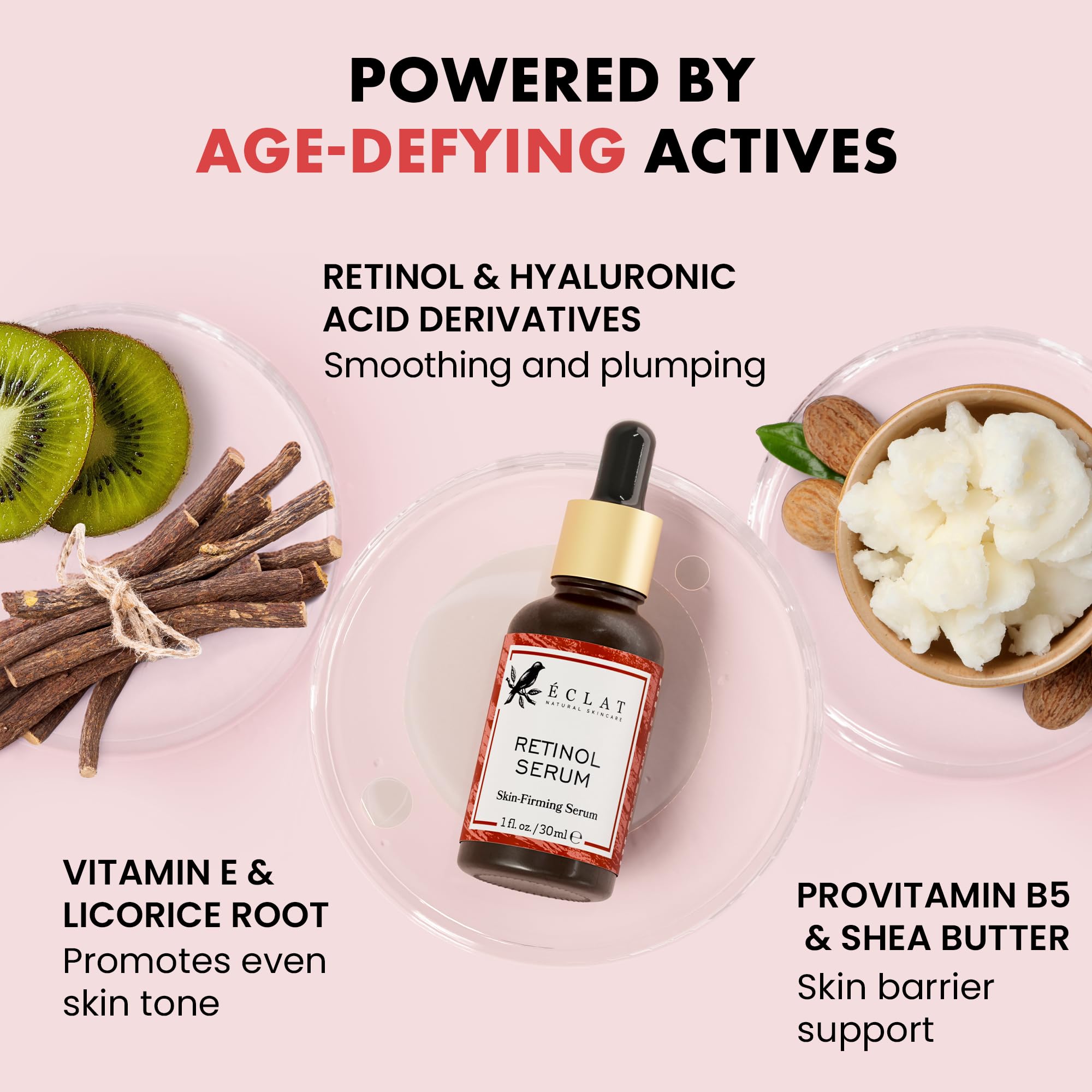 Eclat Skincare Renewing Retinol Serum label closeup with vegan, cruelty-free notes.
