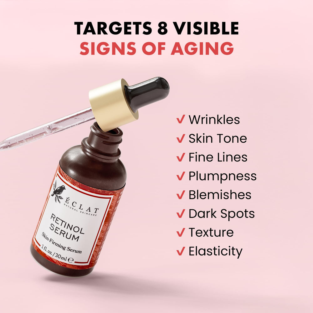 Eclat Skincare Renewing Retinol Serum texture closeup reveals silky serum.