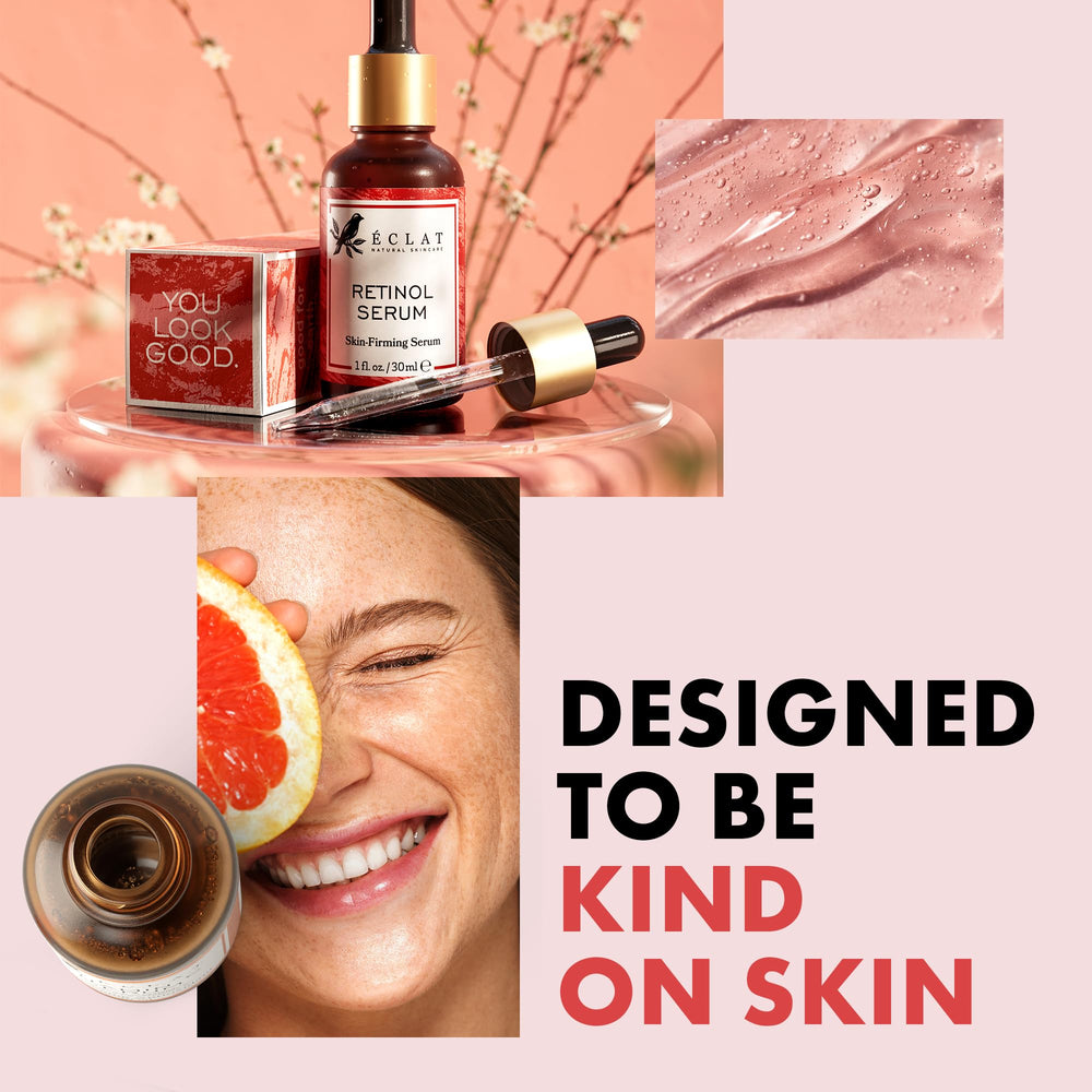 Eclat Skincare Renewing Retinol Serum on skin shows hydrated, balanced glow.