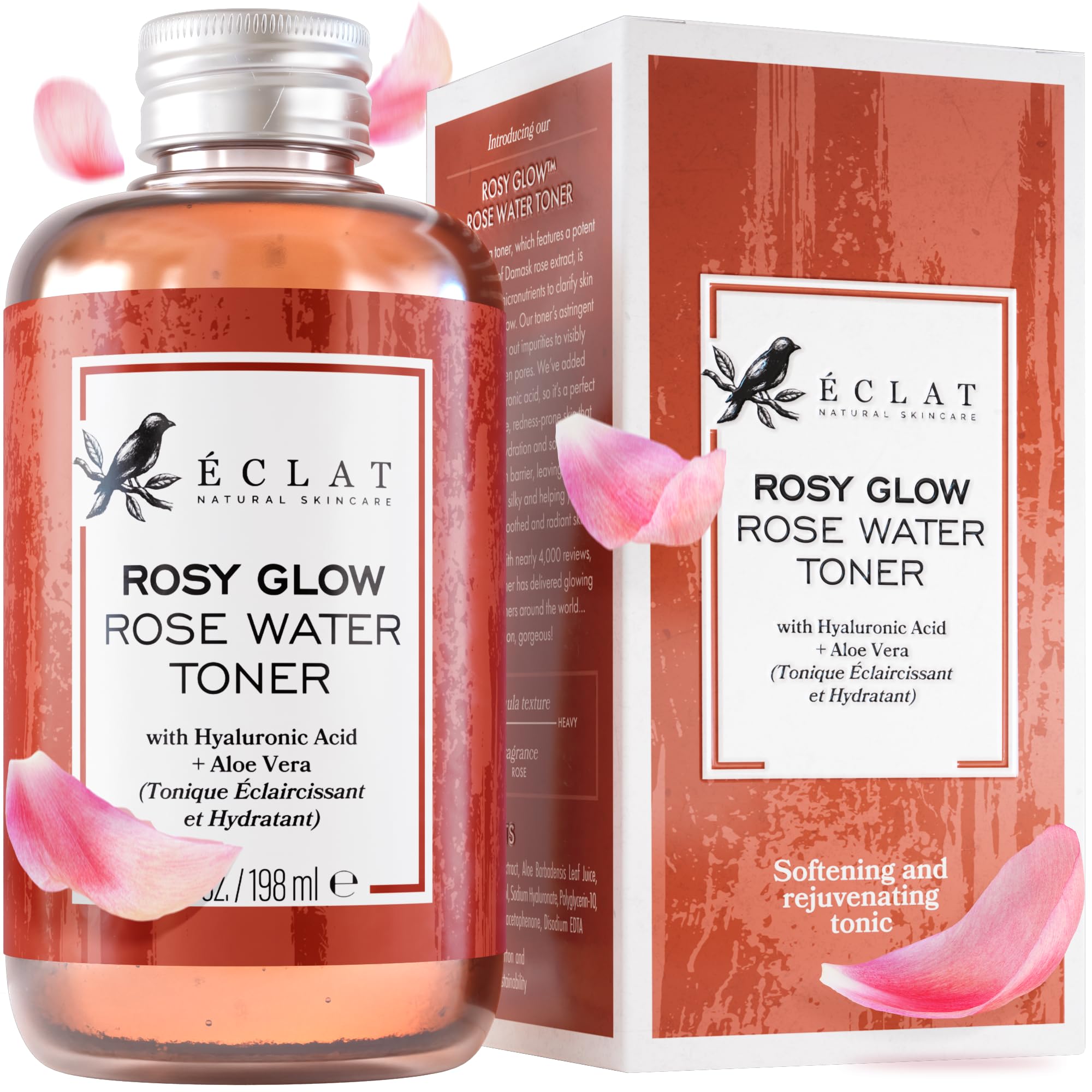 Eclat Skincare Rose Water Toner bottle for daily hydration and refreshing skin.
