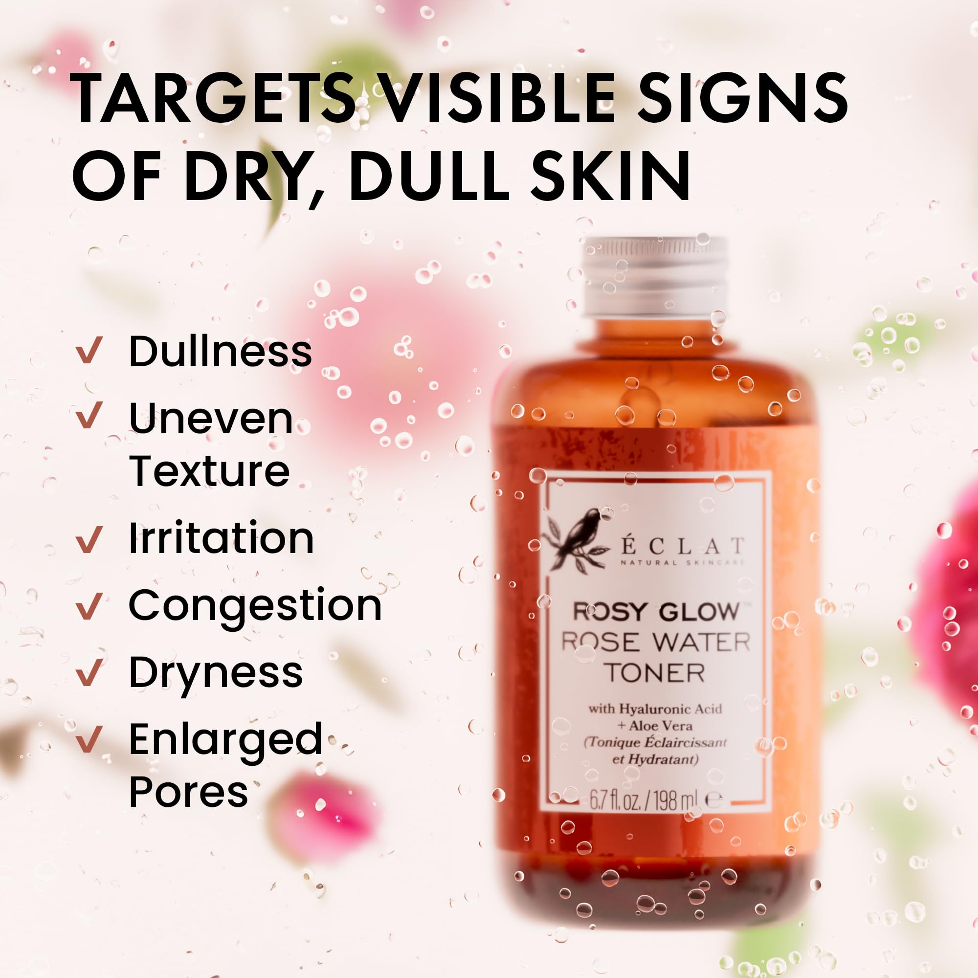 Eclat Skincare Rose Water Toner ingredients preview with rose water and hyaluronic acid.