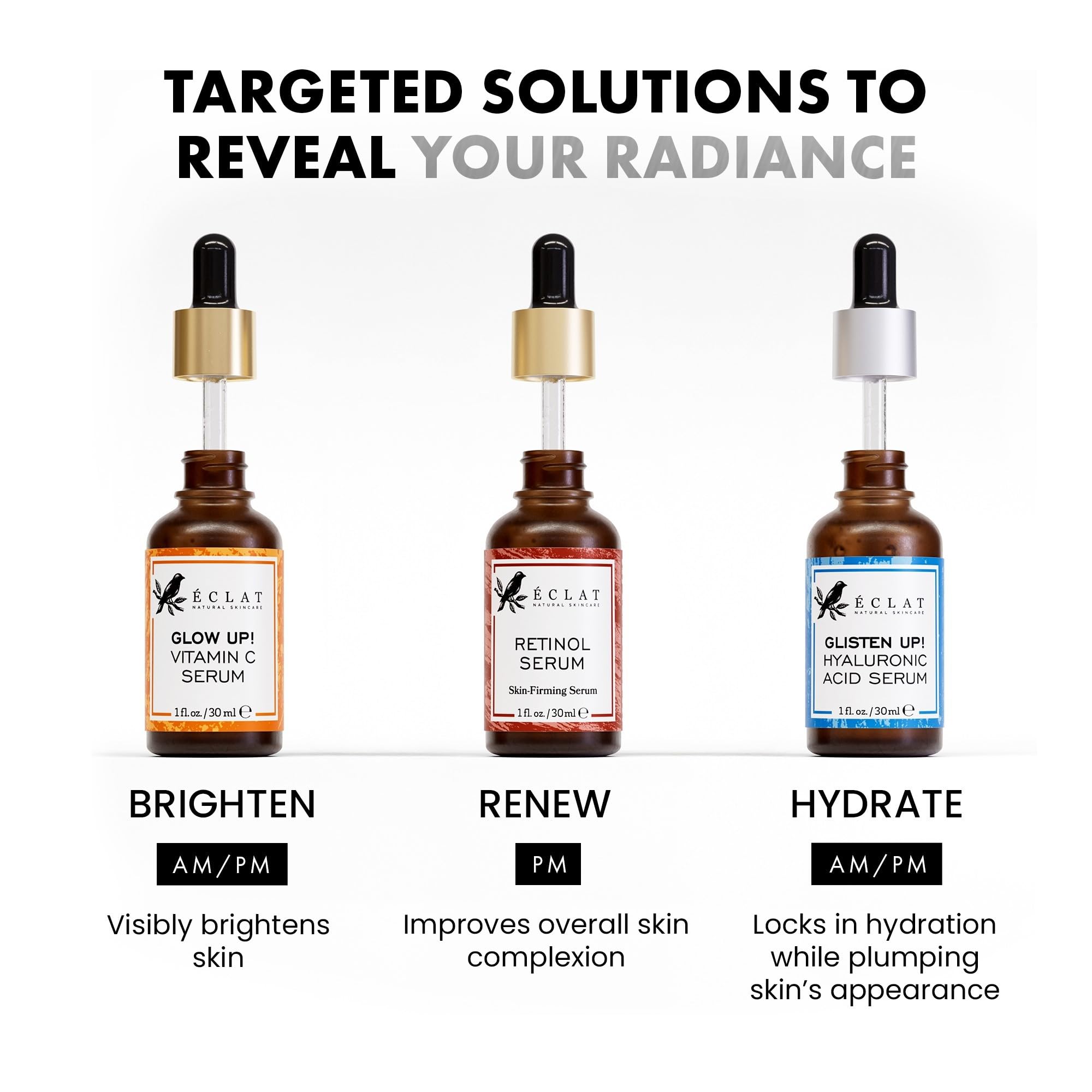 Eclat Skincare serums texture close-up reveals smooth, velvety finishes.