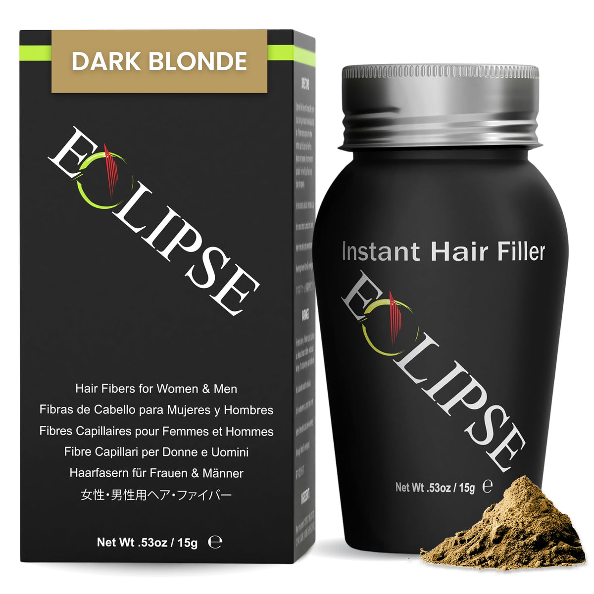 Eclipse Hair Fibers Dark Blonde application shows quick blend for fuller roots.