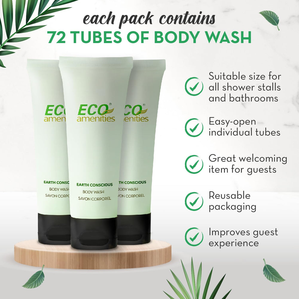 ECO Amenities 72-pack bulk body wash tubes ready for guest amenities