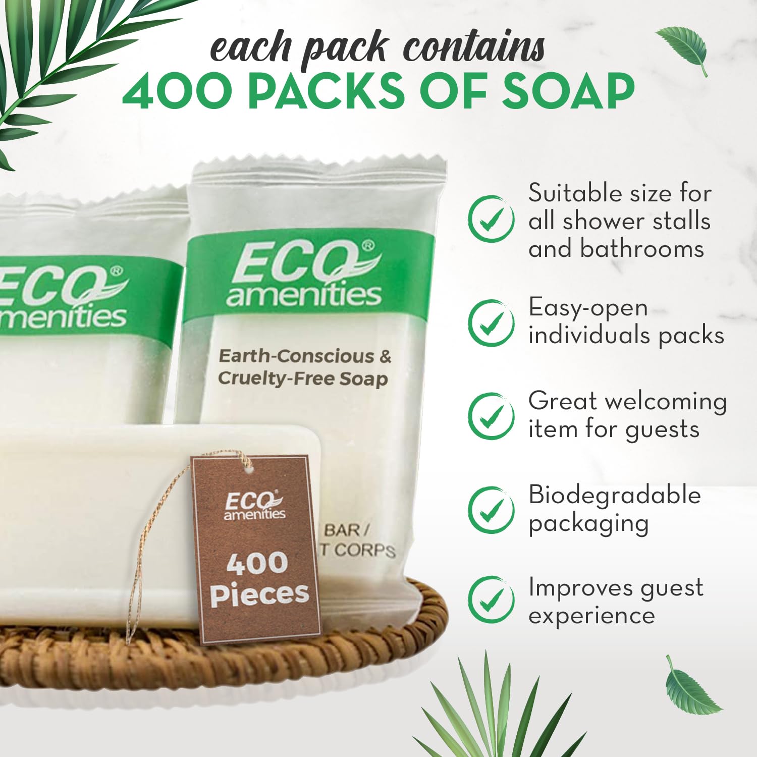 Eco Amenities travel soap bar close-up with light green tea scent for fresh bathroom ambiance.
