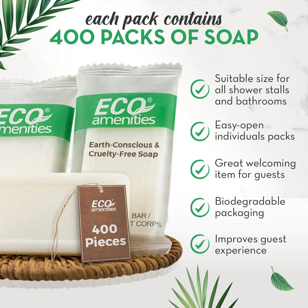 Eco Amenities travel soap bar close-up with light green tea scent for fresh bathroom ambiance.