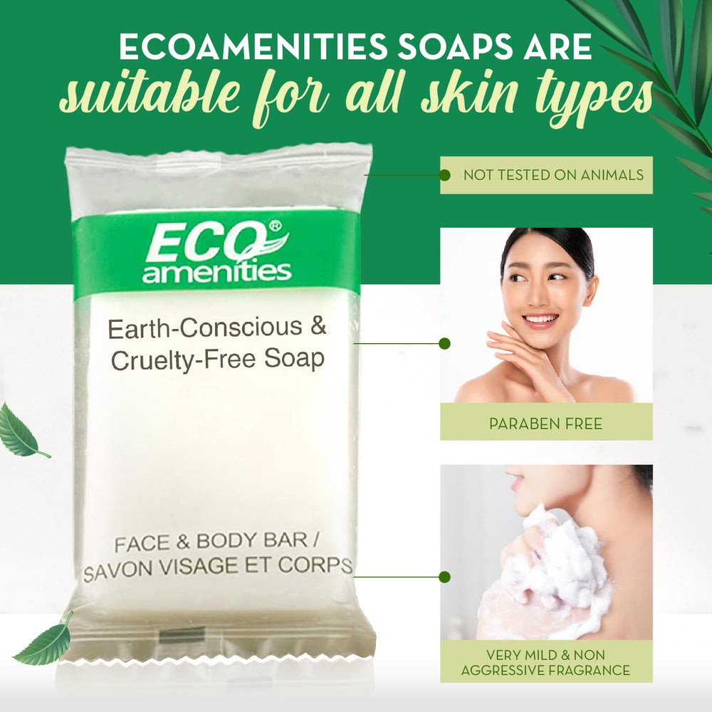 Eco Amenities bulk hotel soaps in biodegradable wrap, eco-friendly packaging appealing to sustainable properties.