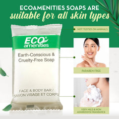 Eco Amenities bulk hotel soaps in biodegradable wrap, eco-friendly packaging appealing to sustainable properties.