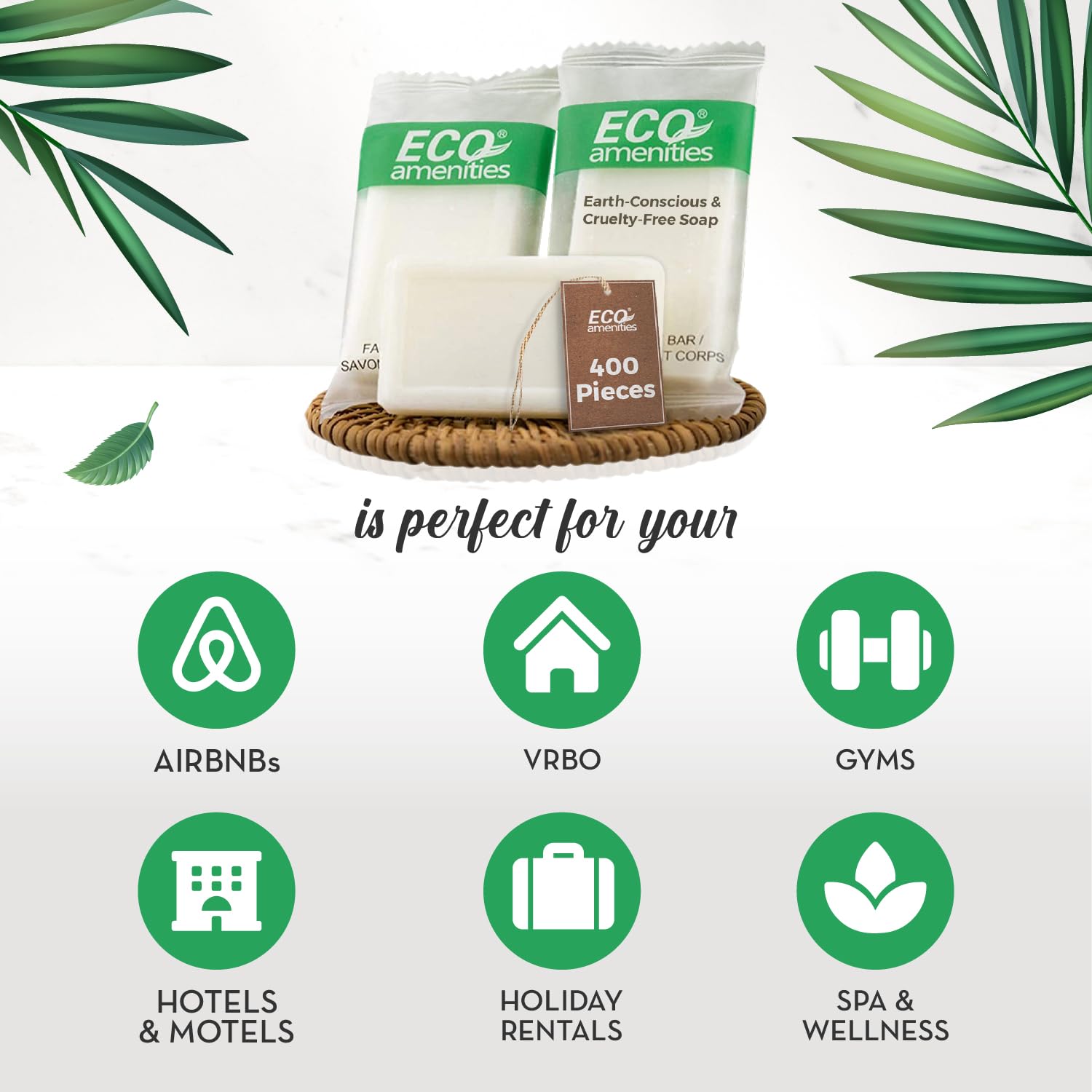 Eco Amenities 400-pack mini soaps, individually wrapped, simplifies restocking for hotels and vacation rentals.