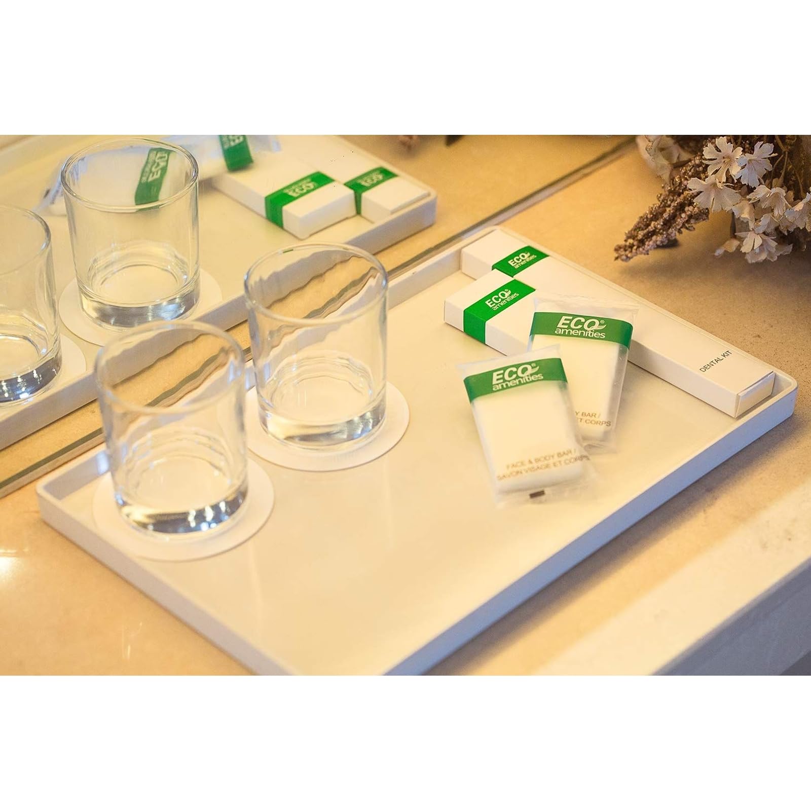ECO Amenities bulk hospitality display with sachets for guest bathrooms