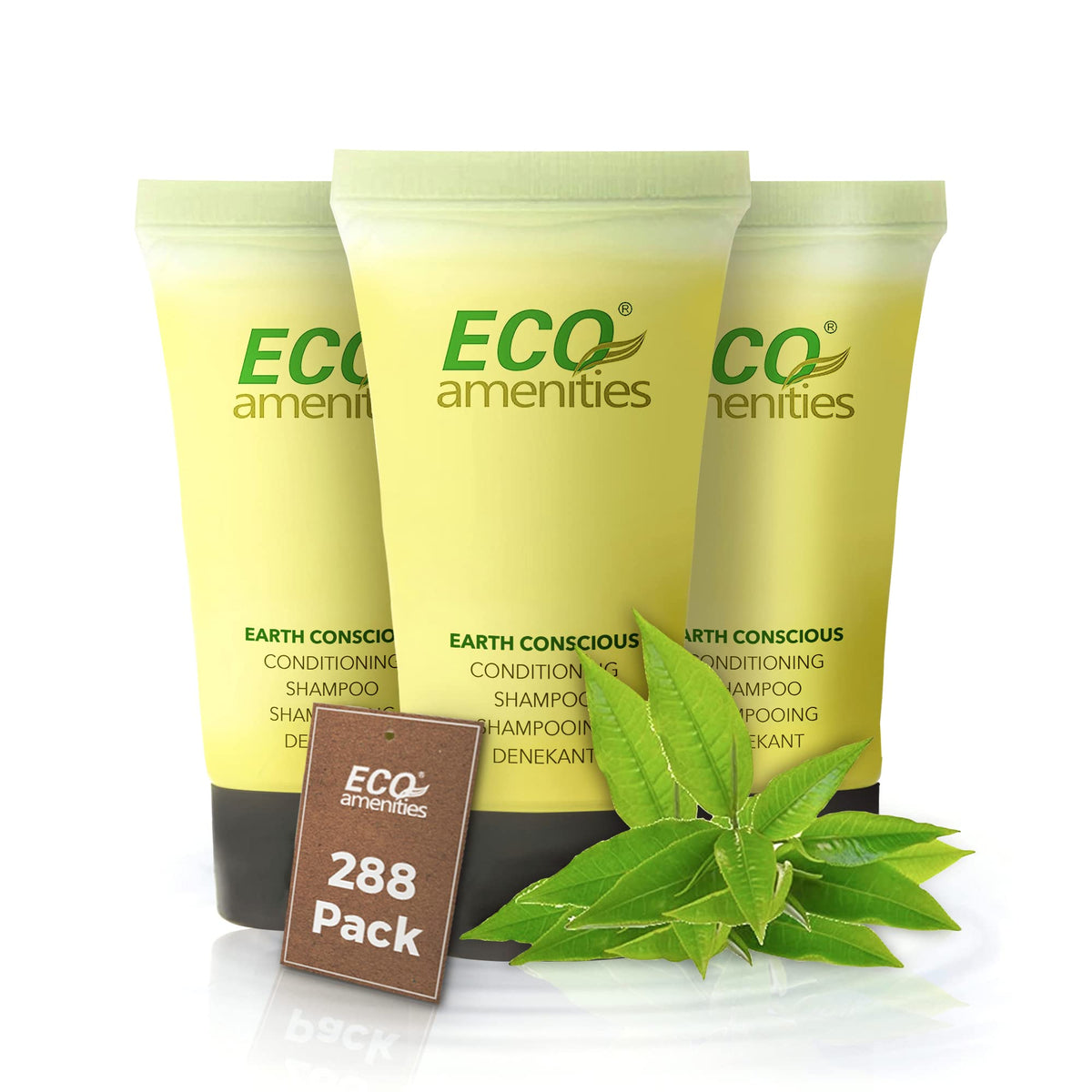 Eco Amenities conditioning shampoo pack with travel-size bottles for hotels.