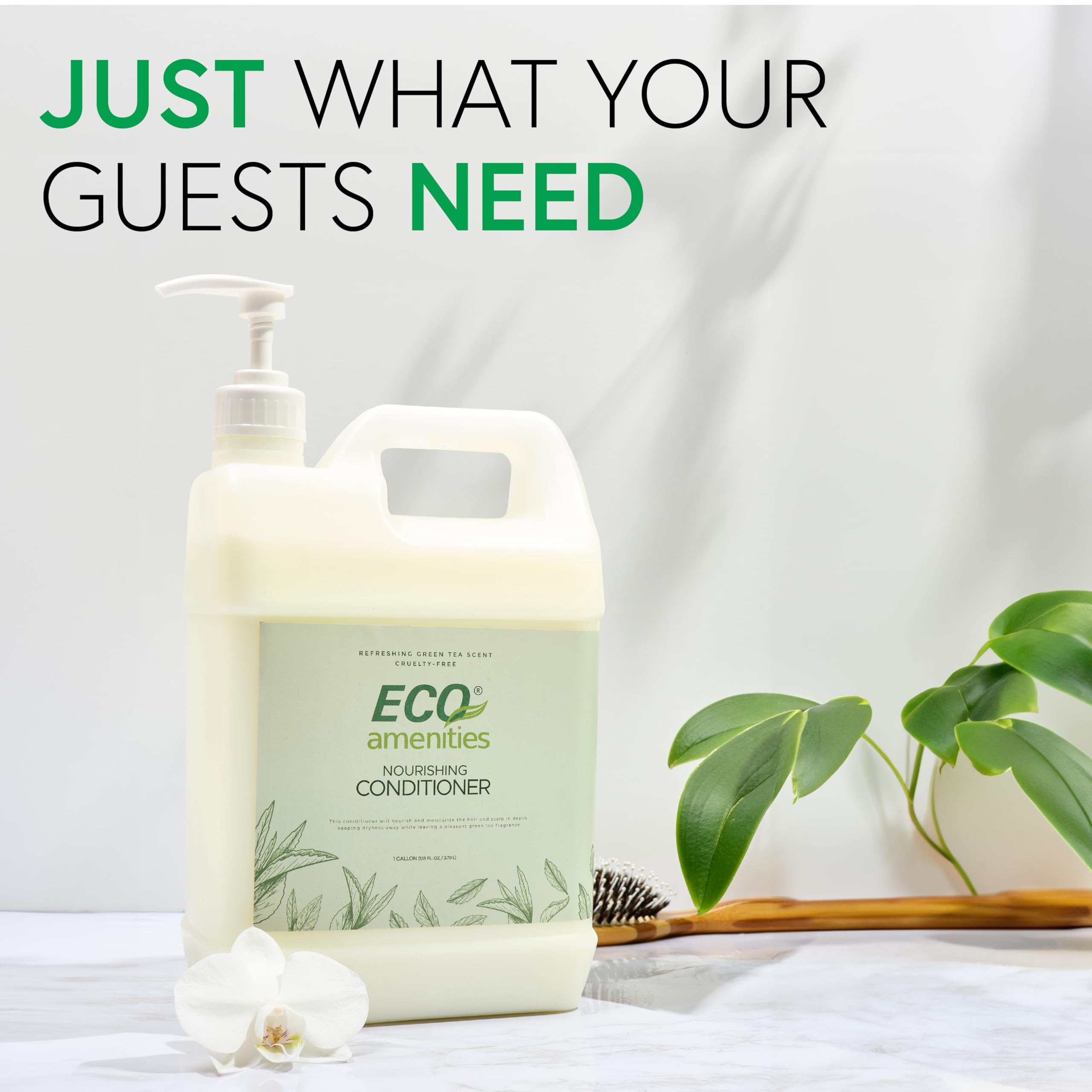 Eco Amenities green tea conditioner refill recycling symbol emphasizes sustainable packaging