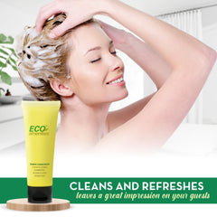 Hotel bathroom display featuring ECO Amenities 2-in-1 travel sets for guest convenience