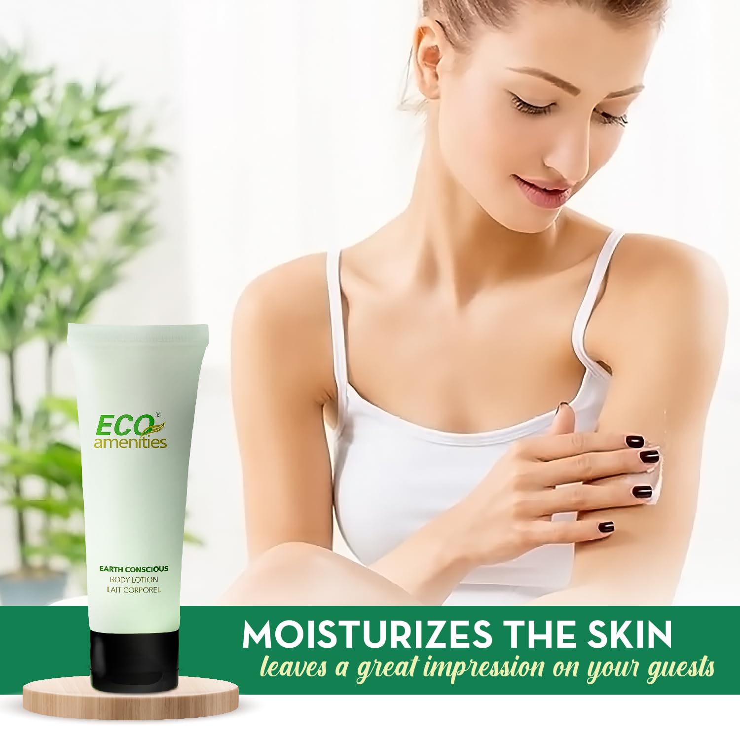 Eco Amenities leak-proof tube packaging for mess-free guest bathroom use.