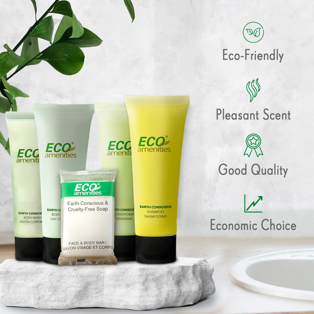 ECO amenities packaging bulk display shows sturdy, sustainable presentation.