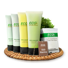 ECO amenities shampoo bottle 30ml shown with gentle cleansing and green tea aroma.