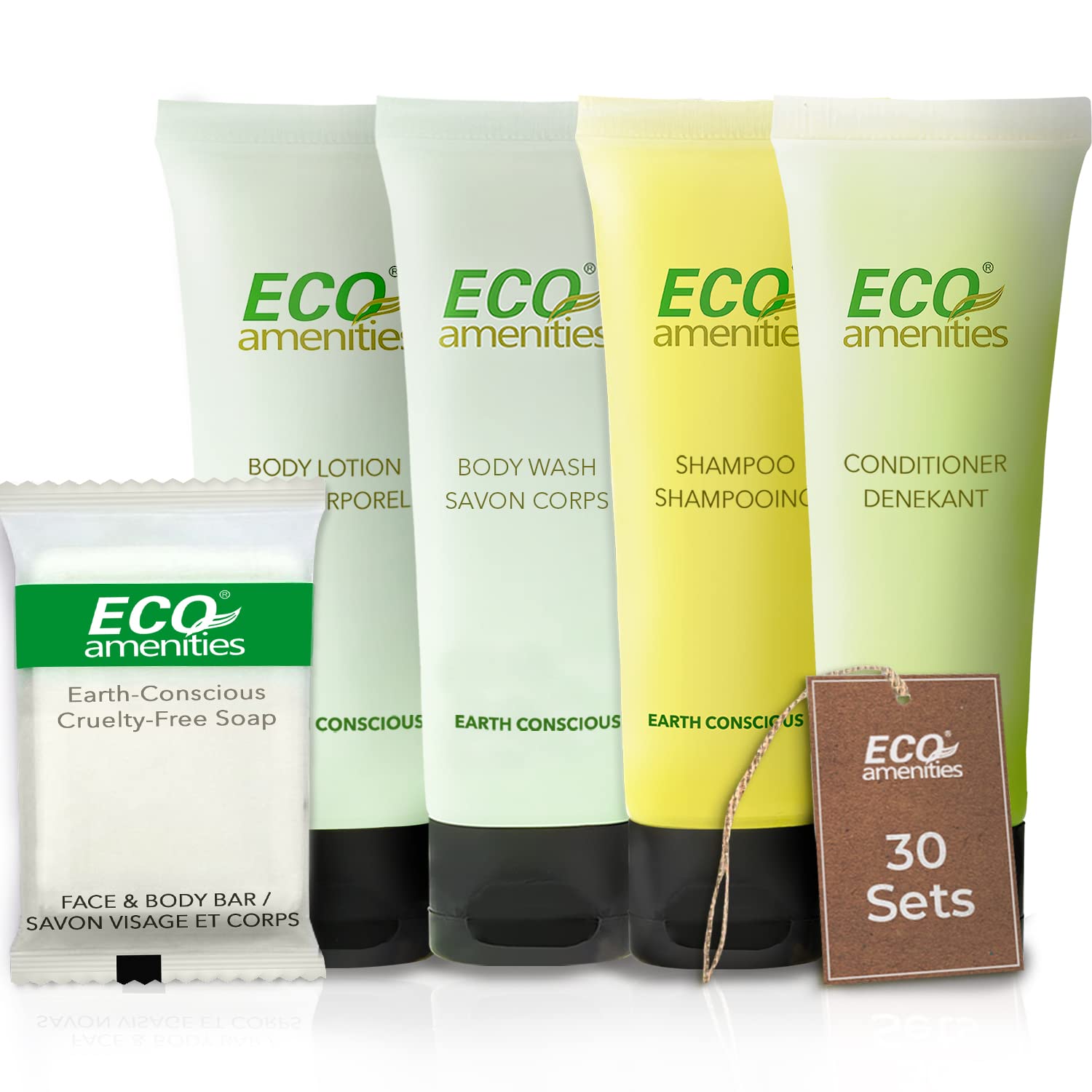 ECO amenities travel essentials kit bulk 150 pieces on display for hotels and travelers.