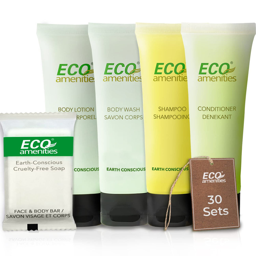 ECO amenities travel essentials kit bulk 150 pieces on display for hotels and travelers.