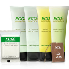 ECO amenities travel essentials kit bulk 150 pieces on display for hotels and travelers.