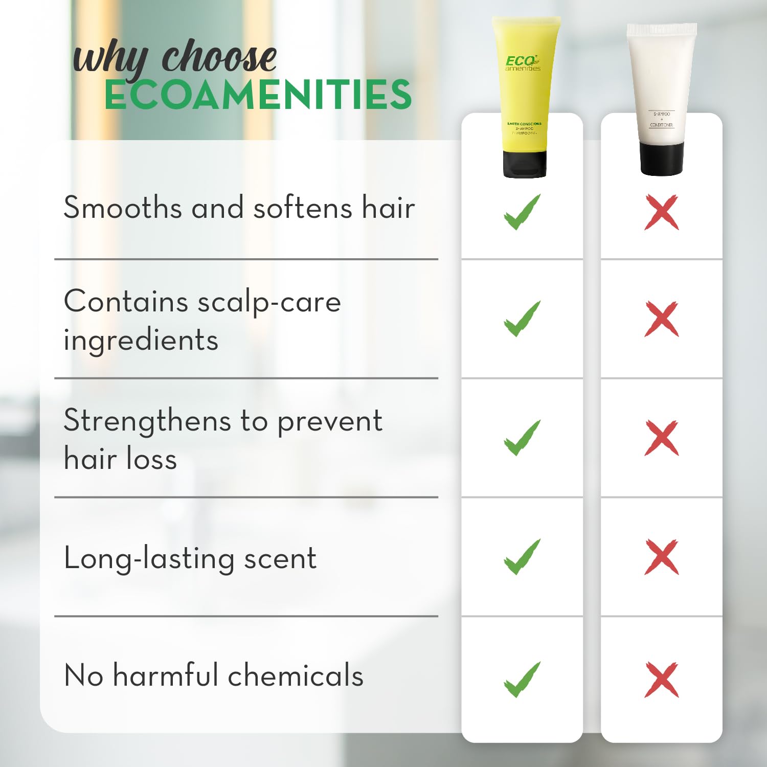 Green tea scent on ECO amenities tubes offers calming, unisex appeal