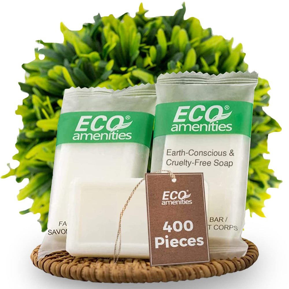 Eco Amenities travel-size bar soap 0.5 oz in sustainable wrap, ideal for hotel guest rooms.